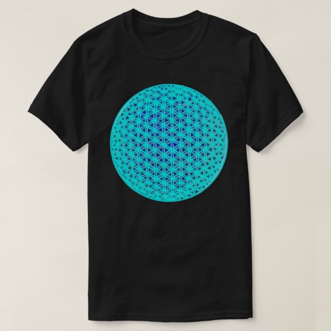 Elegante neonblaue aquamarine Blume des Lebens T-Shirt (Design vorne)