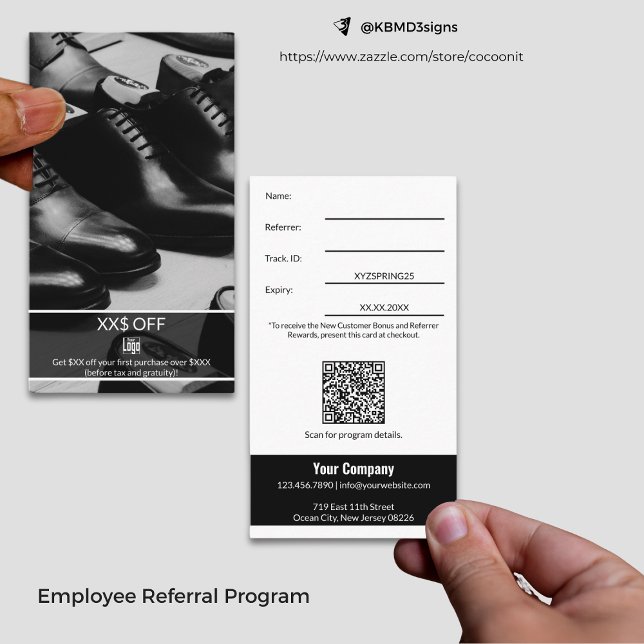 Elegante neue Kundenvergütungen für Mitarbeiter Empfehlungskarte (Elegant New Customer Discount Employee Reward Referral Card, Black & White Business Card Size Design)