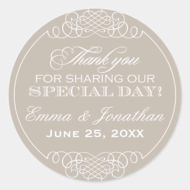 Elegante neutrale Beige Hochzeit Danke Monogram Runder Aufkleber (Vorderseite)