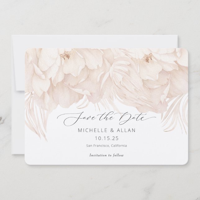 Elegante, neutrale Beige-Peonie Save The Date (Vorderseite)