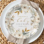 Elegante neutrale Bläserblütendusche Pappteller<br><div class="desc">Elegante neutrale Bläserblütenbabydusche Teller mit wunderschönen Blume aus Gold,  Weiß und Blau,  Grün und moderner Kalligraphie.</div>