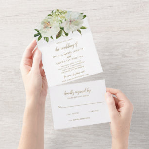 Elegante neutrale florale Hochzeit in Weiß Elfenbe All In One Einladung