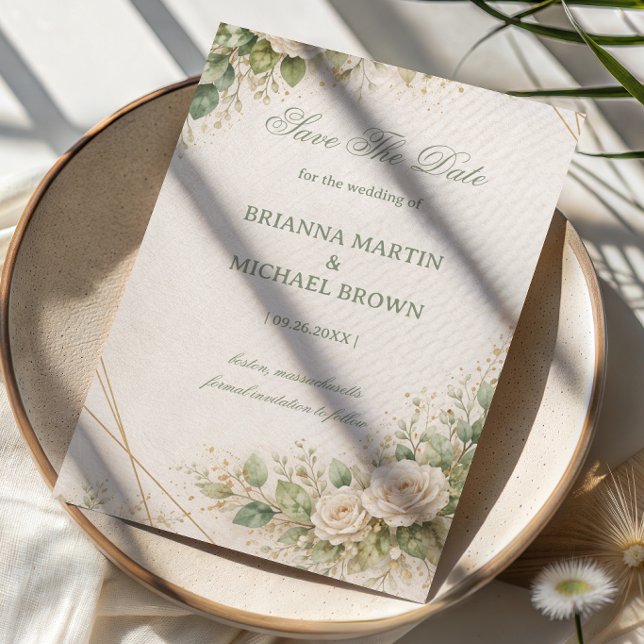 Elegante neutrale grüne Floral Save The Date (Von Creator hochgeladen)
