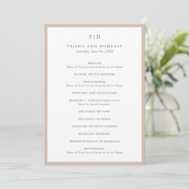 Elegante, neutrale Monogramm Moderne Hochzeit Programm (Stehend Vorderseite)