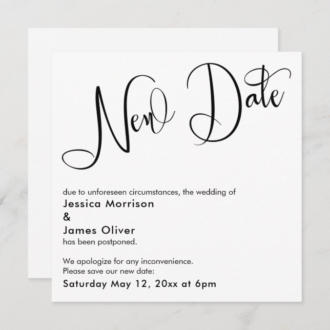 Elegante "New Date" - Hochzeitskarte verschoben Einladung (Vorne/Hinten)