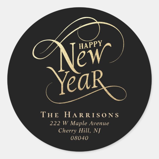 Elegante New Year Black Gold Rücksendeadresse Runder Aufkleber (Vorderseite)