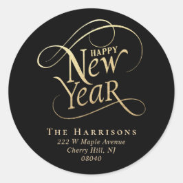 Elegante New Year Black Gold Rücksendeadresse Runder Aufkleber