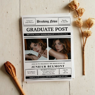 Elegante Newspaper Themed 2 Foto Graduation Party Einladung