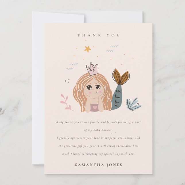 Elegante Niedliche Blush Sea Meerjungfrau Kinderdu Dankeskarte (Vorderseite)