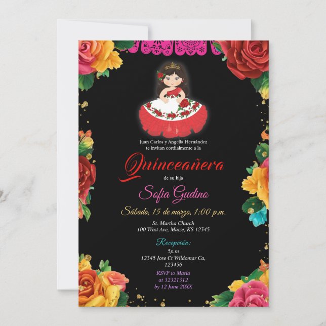 Elegante Niedliche Girl Colorful Blume Quinceañera Einladung (Vorderseite)