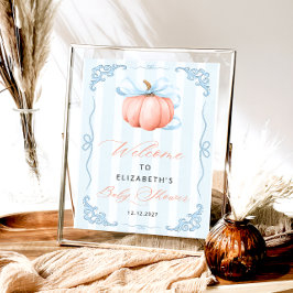 Elegante Niedliche Pumpkin Blue Bow Baby Dusche Poster