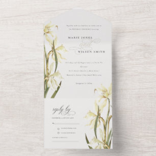Elegante Niedliche weiße Daffodil-Blumenhochzeit All In One Einladung
