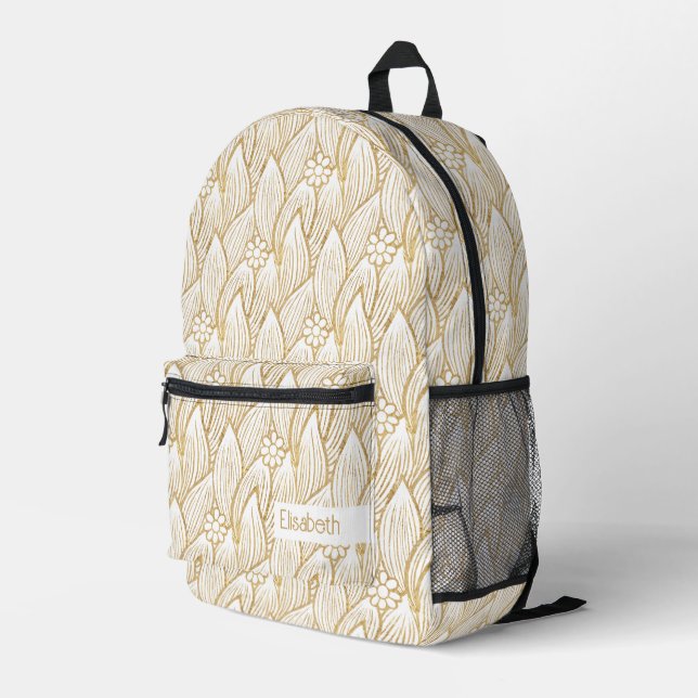 Elegante Niedliche White and Gold Daisy Blume Name Bedruckter Rucksack (Rückseitige Ecke Rechts)