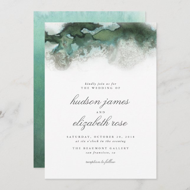 Elegante Ocean Green Ombre Wassercolor Wedding Einladung (Vorne/Hinten)