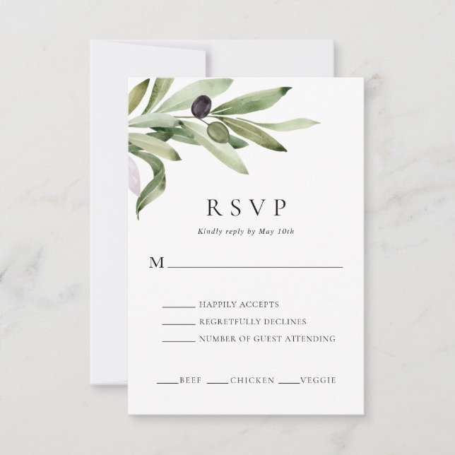 Elegante Olive Branch Wedding RSVP Card (Vorderseite)