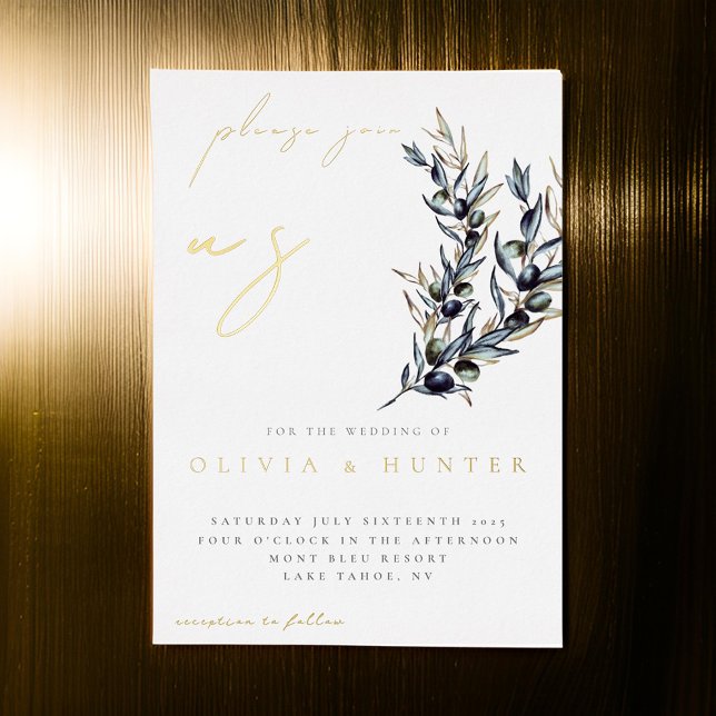 Elegante Olive Branch White and Gold Wedding Folieneinladung (Von Creator hochgeladen)