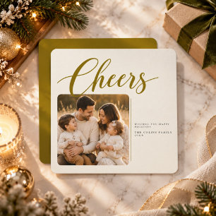 Elegante Olive-Gold-Schrift Cheers Foto Weihnachte Feiertagskarte