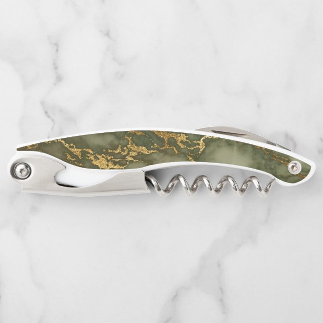 Elegante Olive Green Gold Marmortextur Kellnermesser (Vorderseite)