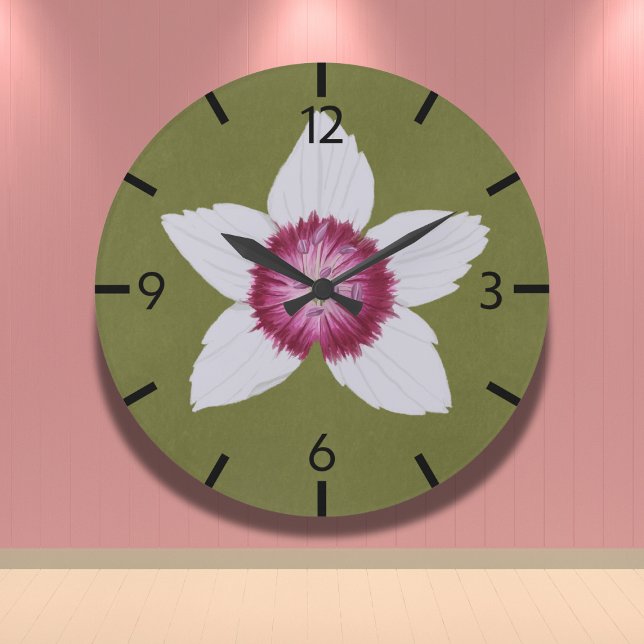 Elegante Olive Green Moderne Clematis HandGezeichn Große Wanduhr (Von Creator hochgeladen)