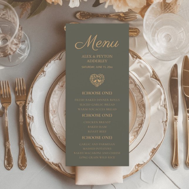 Elegante Olive Green Wedding Reception Love Birds Menükarte (Olive green wedding reception menu)
