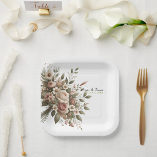 Elegante Olive Green & White Floral Corner Hochzei Pappteller