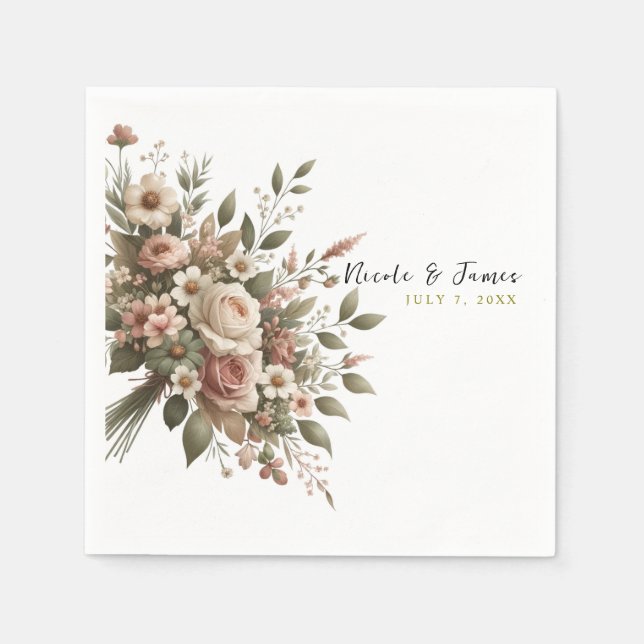 Elegante Olive Green & White Floral Corner Hochzei Serviette (Vorderseite)