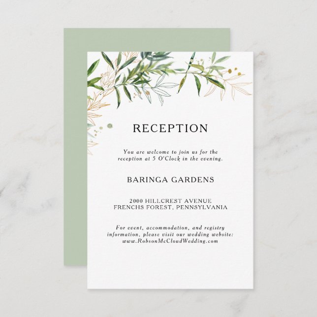 Elegante Olive Greenerity Wedding Reception Card Begleitkarte (Vorne/Hinten)