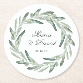 Elegante Olive Sprig Grüne Gastgeschenk Hochzeit Runder Pappuntersetzer