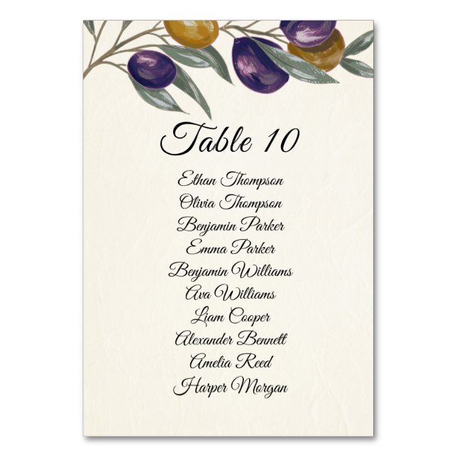 Elegante Olive Wedding Tischnummer Card mit Namen (Vorderseite)