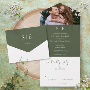 Elegante Oliven-Grün-Monogramm-Foto-Hochzeit All In One Einladung