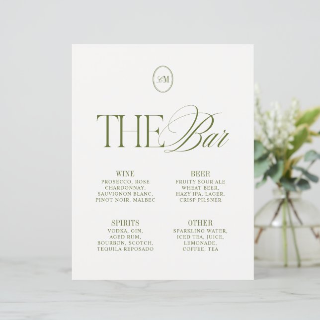 Elegante Oliven Grün The Bar Hochzeitsmenü (Stehend Vorderseite)