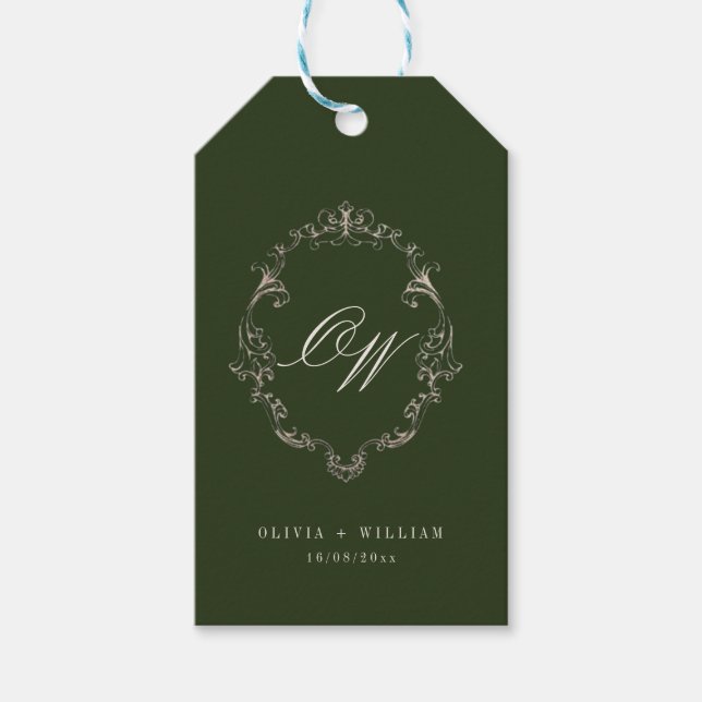 Elegante Oliven-grüne Hochzeit mit Monogramm Geschenkanhänger (Vorderseite)