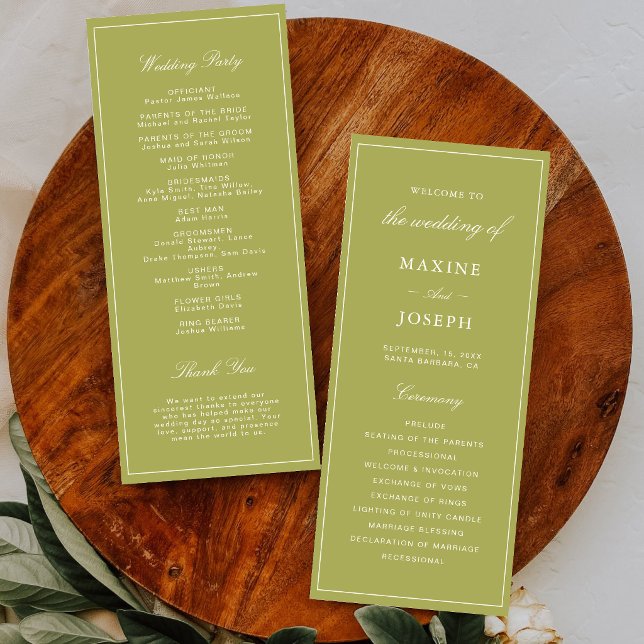 Elegante Oliven-grüne Schrift Hochzeit Programm (Elegant olive green wedding programs keep guests engaged with a polished, timeless touch.)