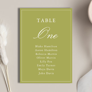 Elegante Oliven-grüne Schrift Hochzeit Tischnummer