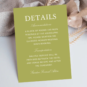 Elegante Oliven-grüne Schrift Hochzeitsinformation Begleitkarte