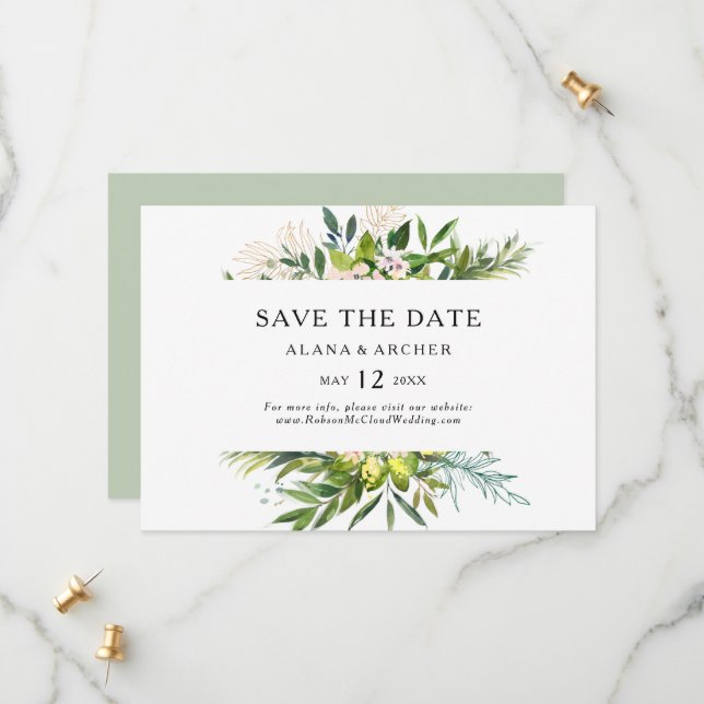 Elegante Olivenöle Horizontal Save the Date (Vorderseite/Rückseite Beispiel)