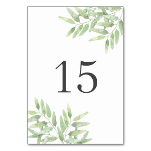 Elegante Olivenzweige. Botanische Sommerhochzeit Tischnummer