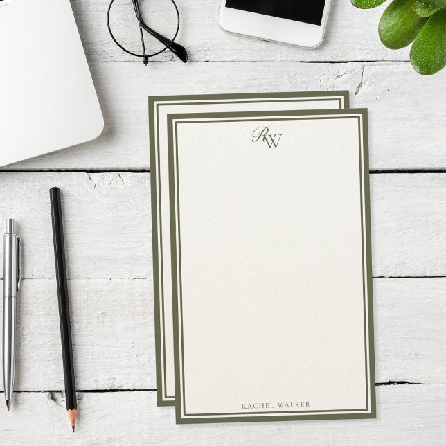 Elegante olivgrüne Monogramm-Zwei-Rahmen Briefpapier (Von Creator hochgeladen)
