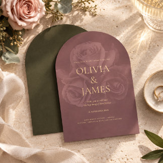 Elegante olivgrüne und mauvefarbene florale Hochze Einladung