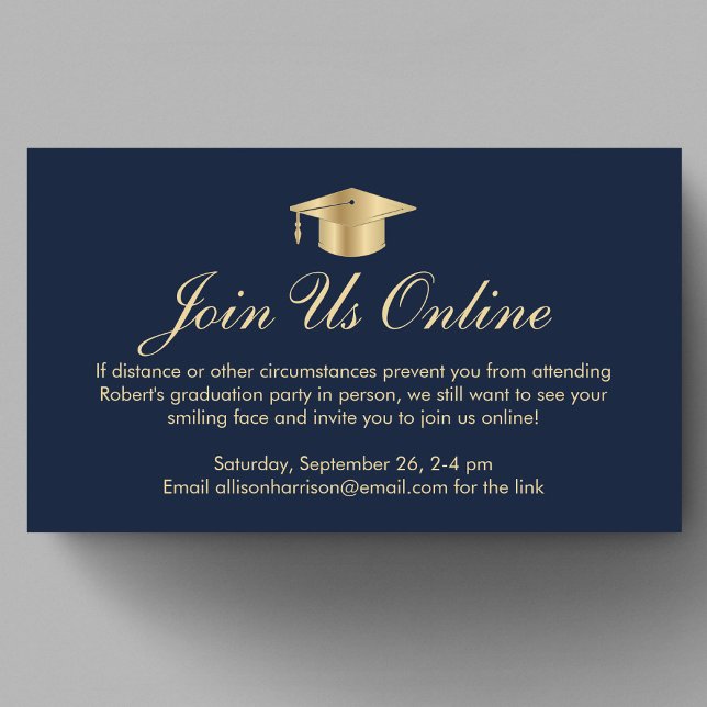 Elegante Online Option Blue Gold Graduation Party Begleitkarte (Von Creator hochgeladen)