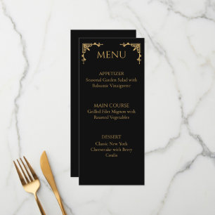 Elegante Onyx-Schwarz und Gold-Blüten-Hochzeitsmen Menükarte