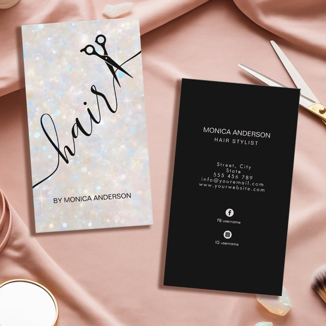 Elegante Opal Glitter Haar Styling Schere Visitenkarte (Elegant Opal Glitter Hair Script Stylist Scissors Business Card)