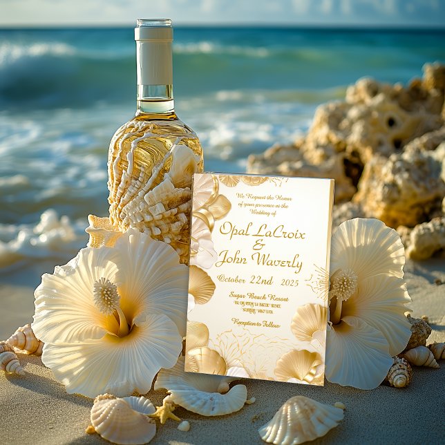 Elegante Opal und Gold Seashell Einladung Hochzeit (Elegant Coastal Destination Wedding Opal and Gold Seashells Wedding Invitation )