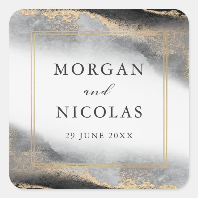 Elegante Opulence Black and Gold Wedding Quadratischer Aufkleber (Vorderseite)