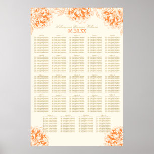 Elegante Orange Bloral Peony Wedding Seating Poster