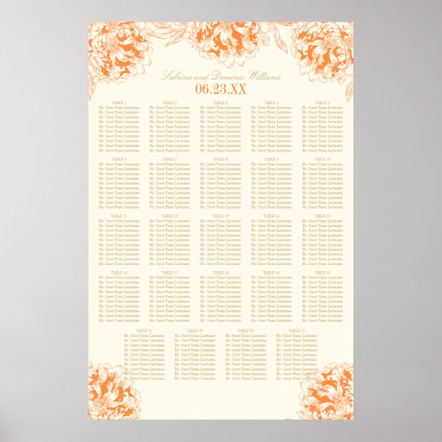 Elegante Orange Bloral Peony Wedding Seating Poster (Vorne)