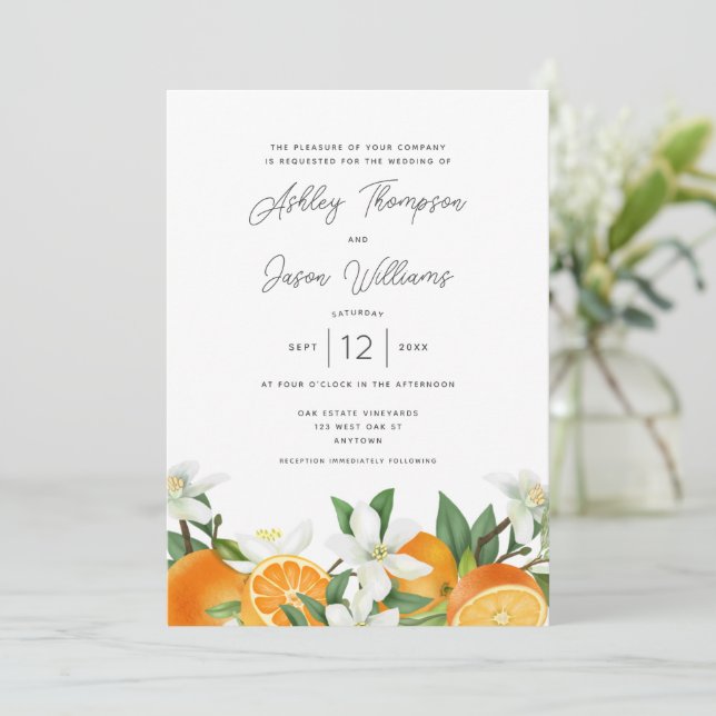 Elegante Orange Blossom Foliage Wedding Einladung (Stehend Vorderseite)