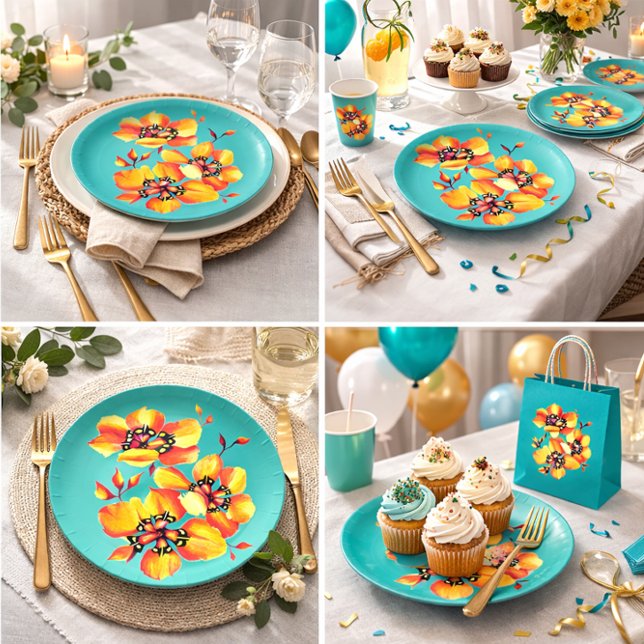 Elegante Orange Blume - Aqua- Individuell gestalte Pappteller (Von Creator hochgeladen)