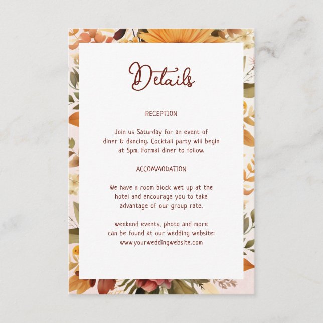 Elegante Orange Blume Rahmen Hochzeitdetails Begleitkarte (Vorderseite)