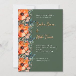 Elegante Orange Blumen und Grüne Grüne Hochzeit Einladung